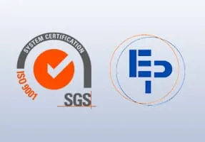 Selo de certificação SGS ISO 9001 e logotipo da Embalagens Paulicea